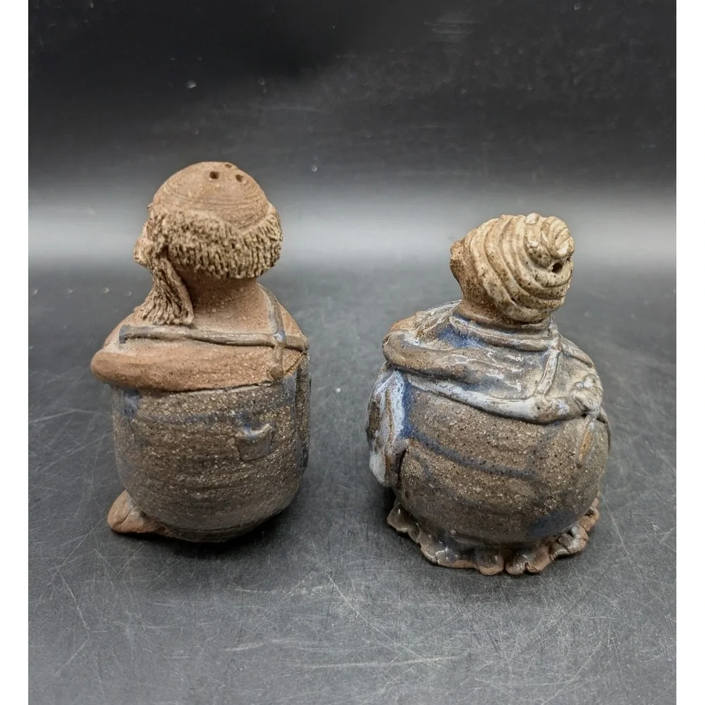 Vintage Studio Pottery Folk Art Farmer Couple Salt and Pepper Shakers Stoneware